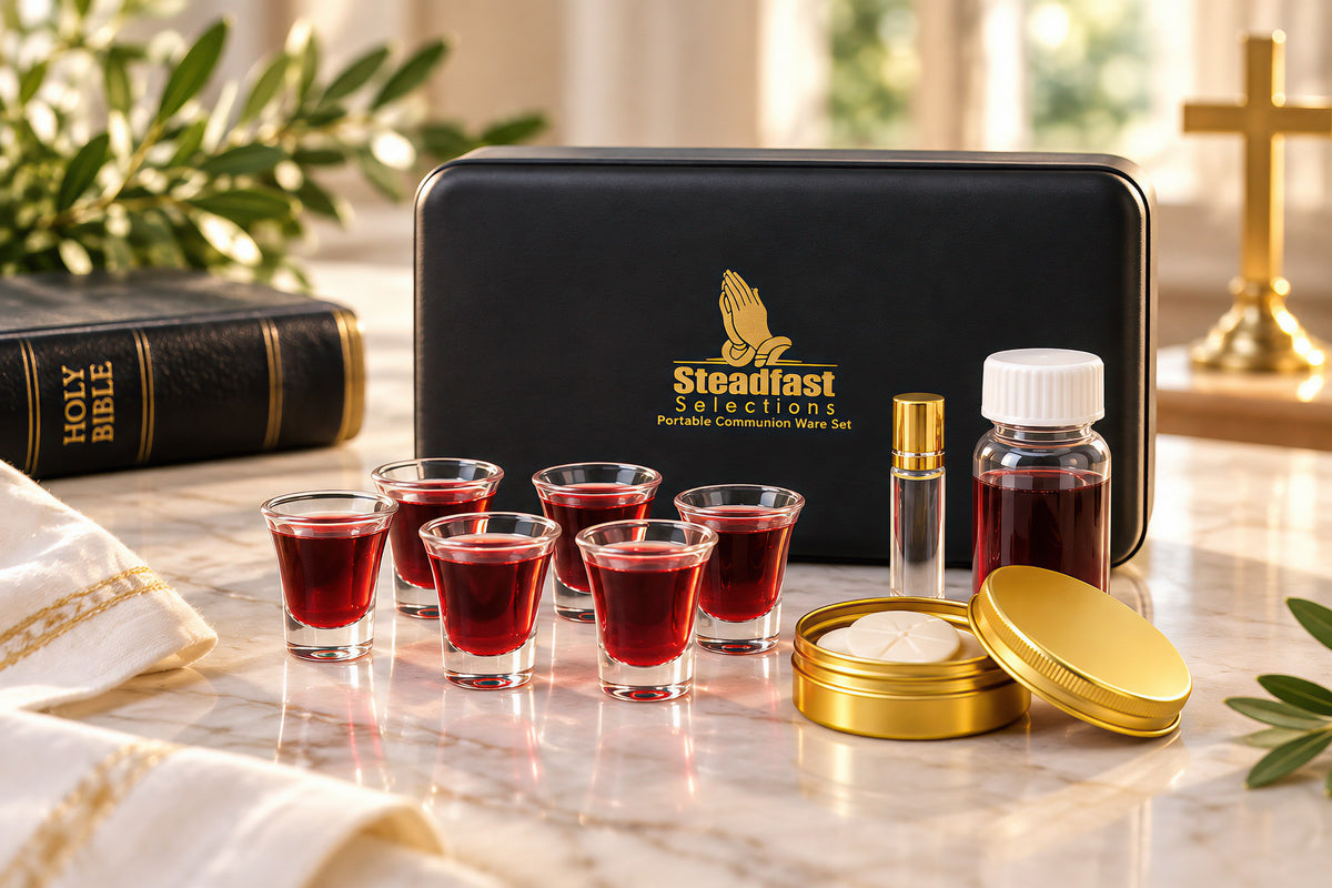 Steadfast portable communion set with six filled glass cups, juice bottle, oil vial and gold bread container beside the black carrying case