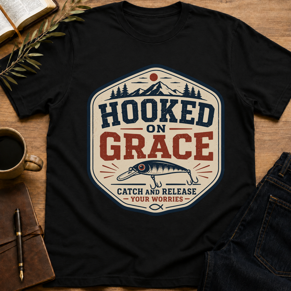 Hooked on Grace - Funny Christian Fishing T-Shirt