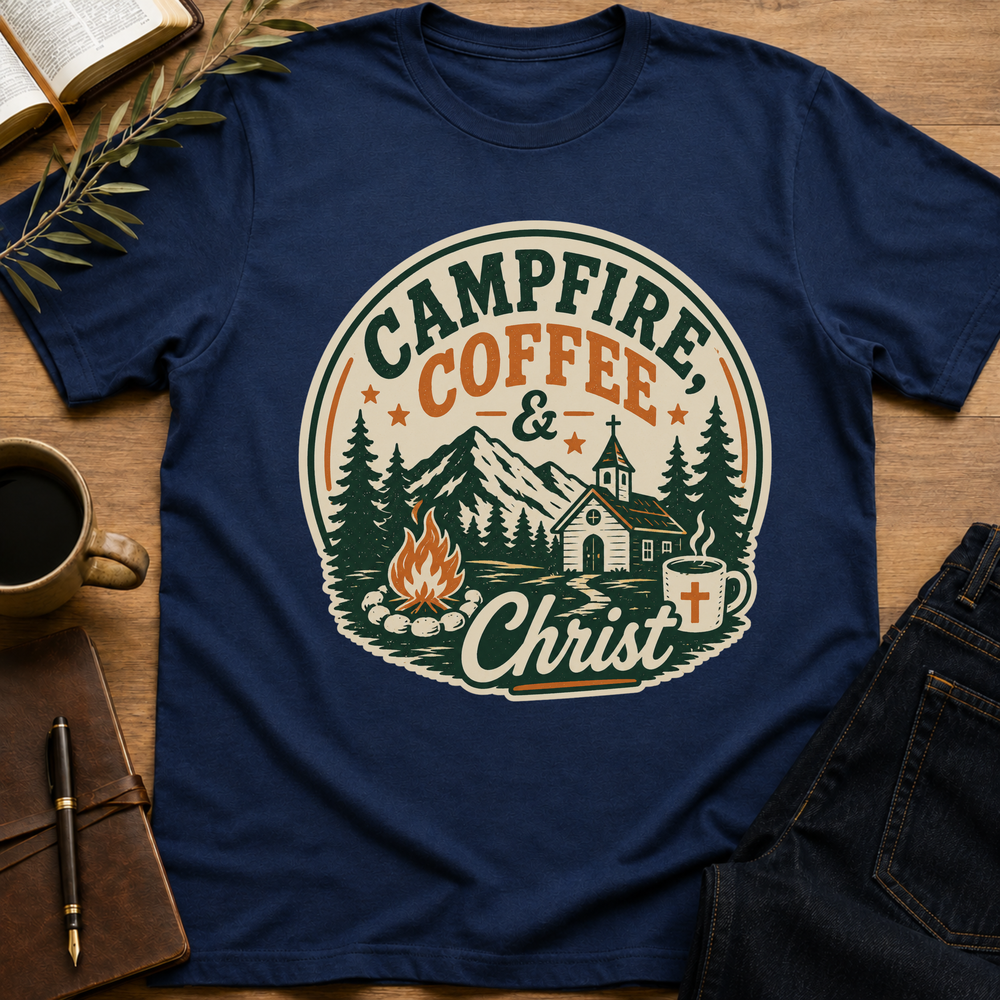 Campfire, Coffee and Christ - Funny Christian Camping T-Shirt