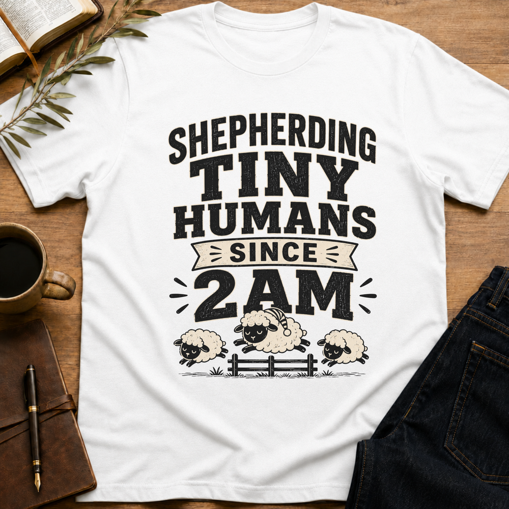 Shepherding Tiny Humans Since 2AM - Funny Christian Mom T-Shirt