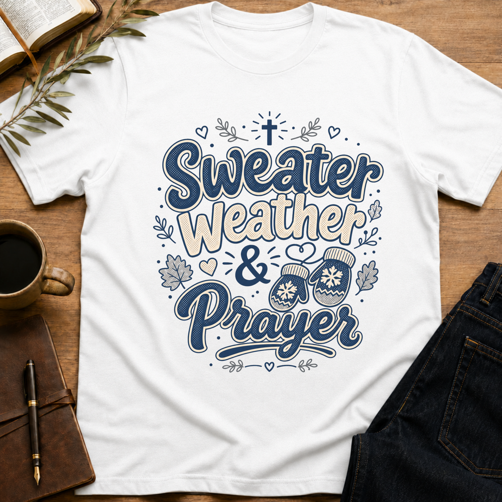 Sweater Weather & Prayer - Cozy Christian T-Shirt - White