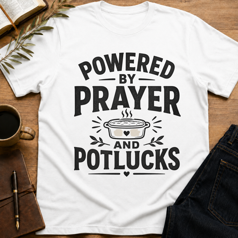 Powered by Prayer & Potlucks - Funny Church Potluck T-Shirt