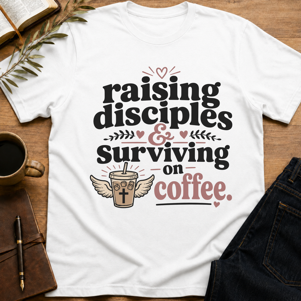 Raising Disciples and Surviving on Coffee - Funny Christian Mom T-Shirt