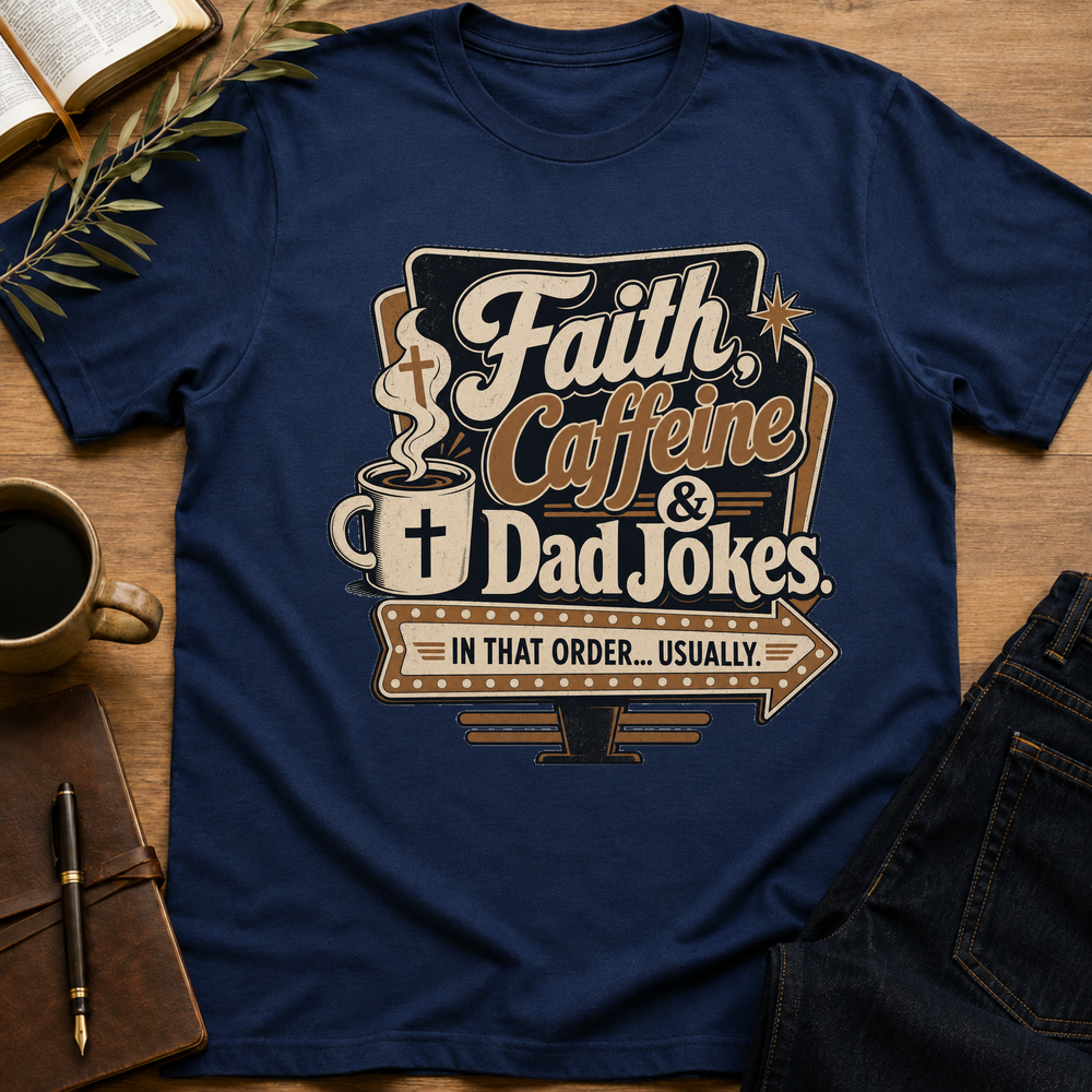 Faith, Caffeine & Dad Jokes - Funny Christian Dad T-Shirt