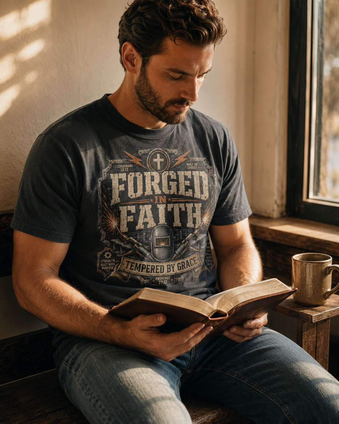 Steadfast t-shirt worn in a quiet study moment